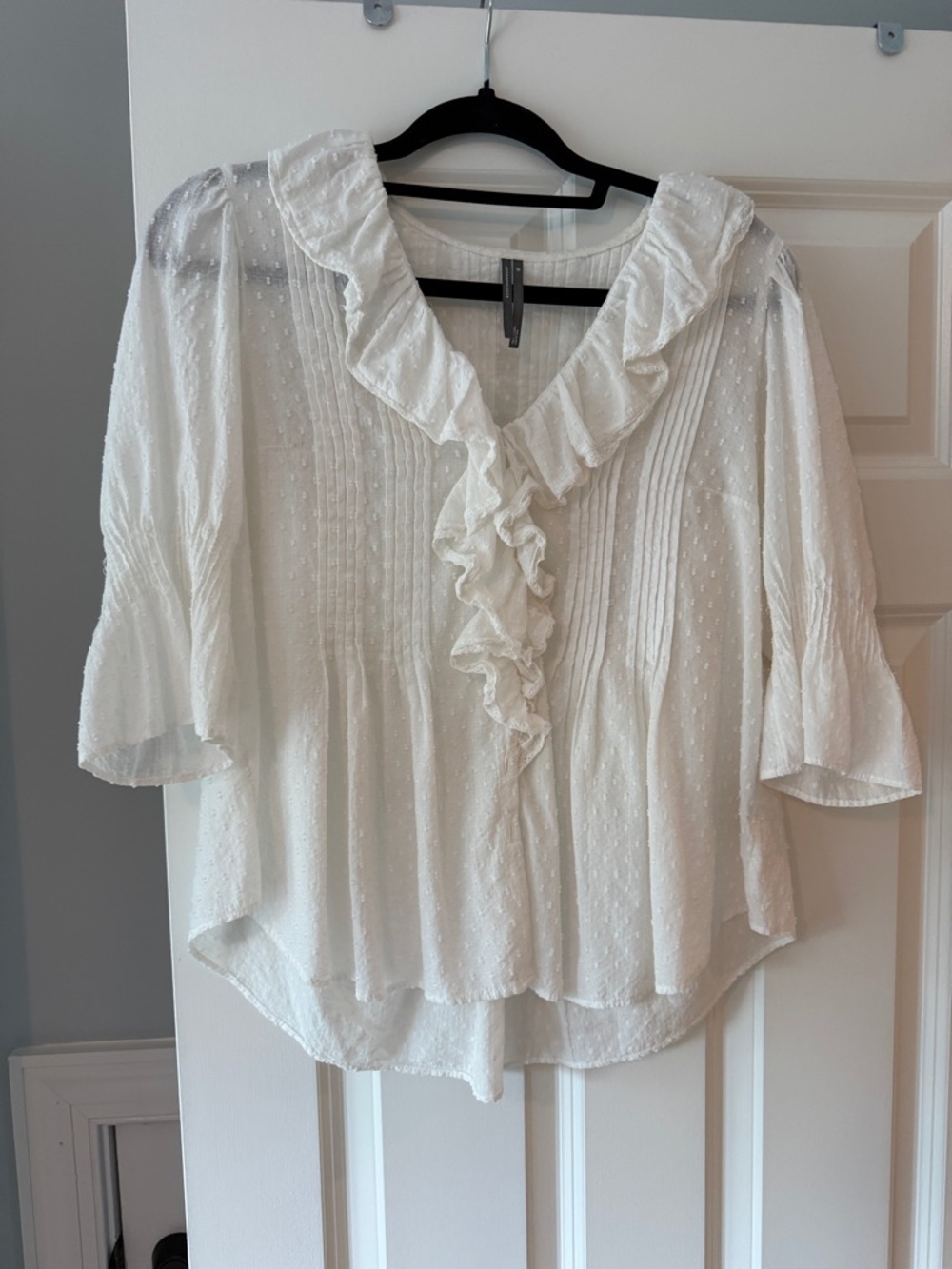 Anthropologie White Ruffled V-Neck Pintuck Blouse
